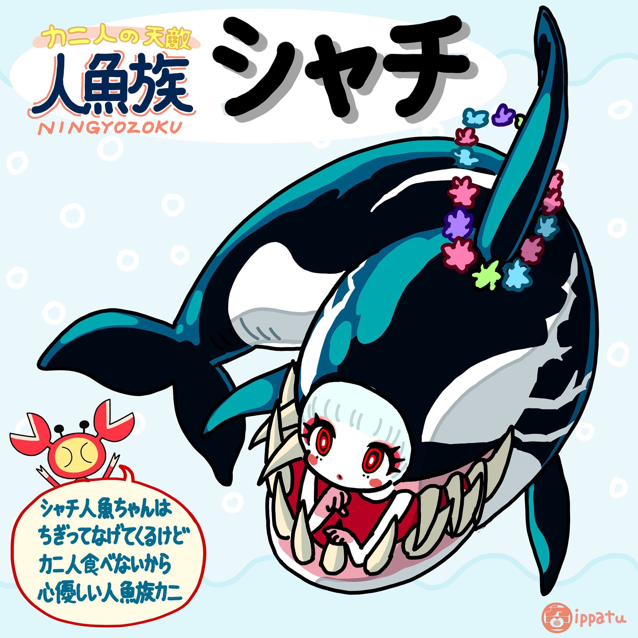 カニ人 シャチ人魚ちゃんは完全肉食で人魚コミュニティで共食い があったとの報告もある しかしシャチ人魚ちゃんに勝てる他の人魚は数少ないのでその事件は放置されている カニアレルギーがありカニ人は食べないが視界に入るとちぎって投げる T