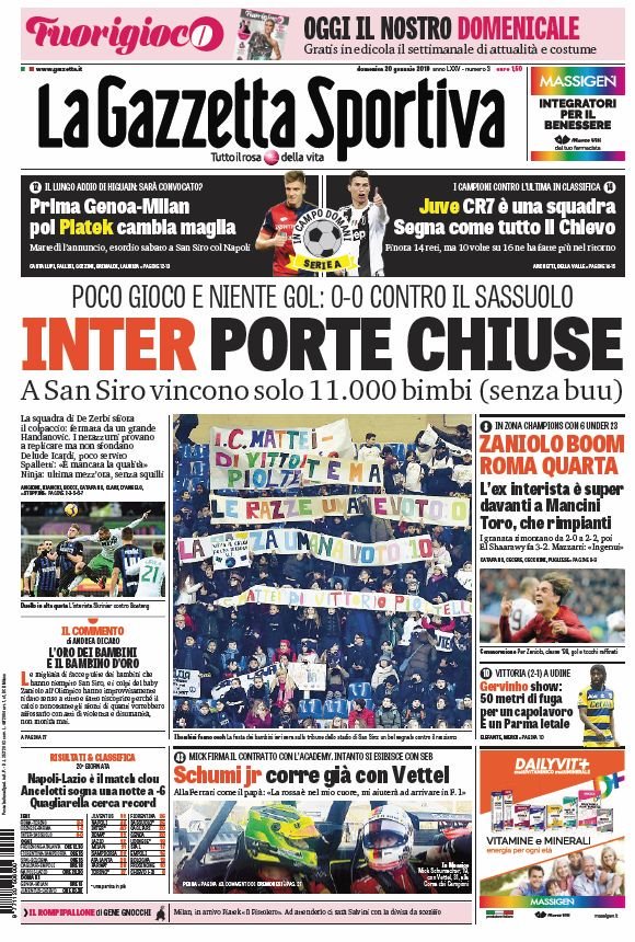 Portada Diario #LaGazzettaSportiva de Milán - Domingo 20 enero.