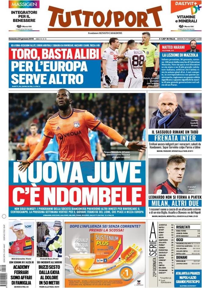 Portada Diario #Tuttosport de Turín - Domingo 20 enero.