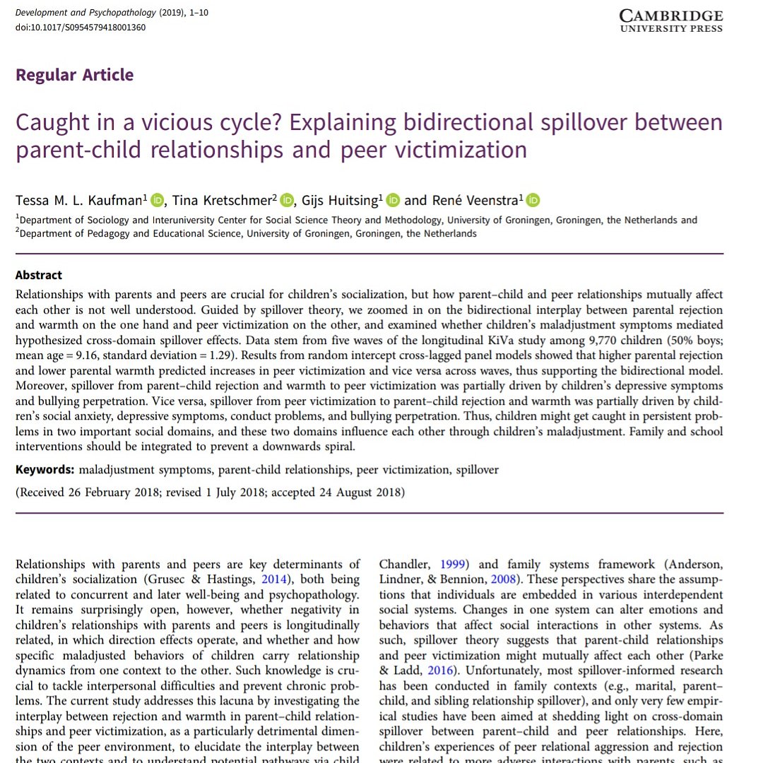 How do #parent-child #relationships and peer #victimization mutually affect each other? Check our paper in #Development and #Psychopathology: bit.ly/2FBCoz2 with
<a href="/DocTinaK/">Tina Kretschmer @doctinak.bsky.social</a> @GijsHuitsing and <a href="/ProfVeenstra/">René Veenstra</a>