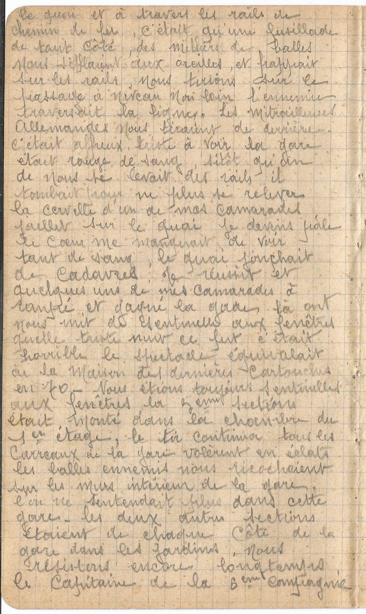 Le_Chtimiste's tweet photo. 8/09/1914 - Émile MILLE : "La gare était rouge de sang. Sitôt qu'un de nous se levait des rails, il tombait pour ne plus se relever. (...) Le coeur me manqua de voir tant de sang. Le quai était jonché de cadavres" - Merci à Kevin #Chtimiste #128eRI #carnets19141918 https://t.co/XQ4cm62b0b