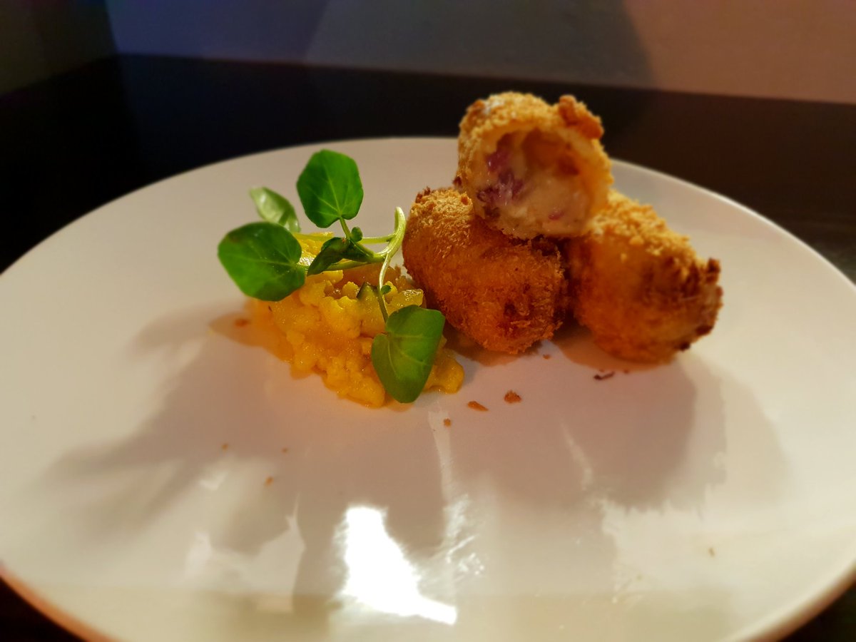 Salt beef croquette, Mrs Kirkhams Lancashire cheese &amp; Piccalillly