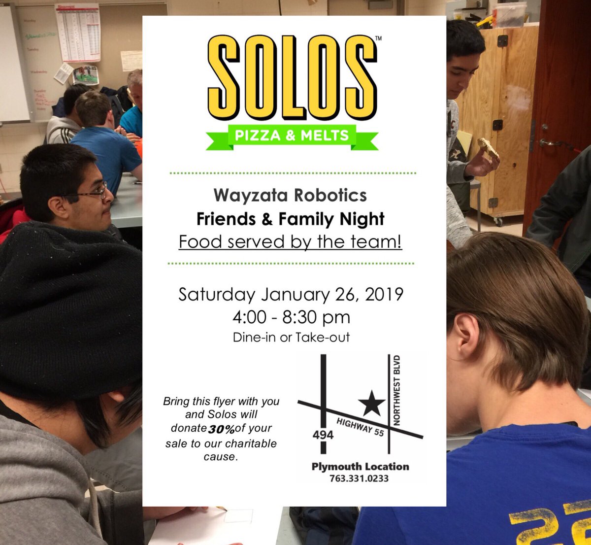 WayzataRobotics's tweet photo. Come join Wayzata Robotics at Solos pizza for a great time! https://t.co/9zWWKYTjdR