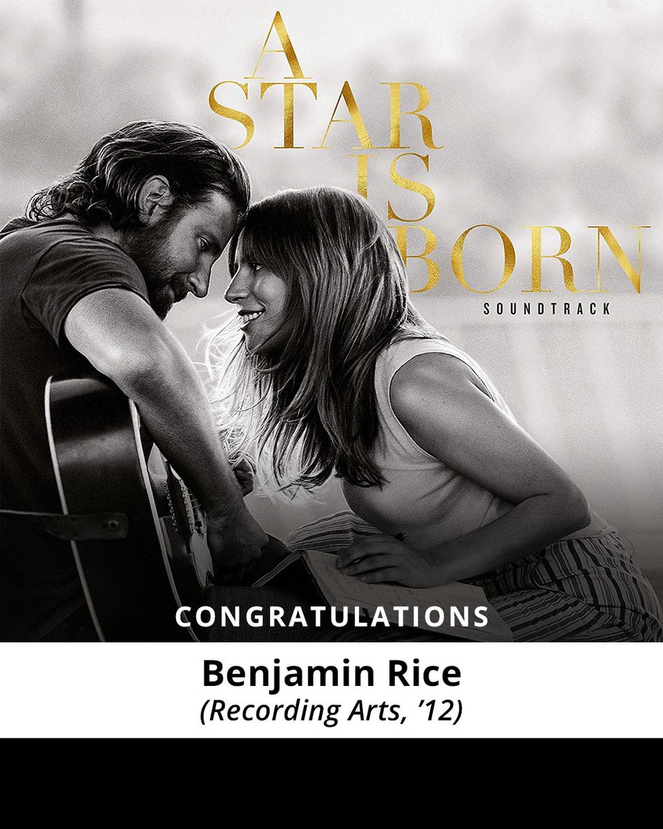 FullSail's tweet photo. Join us in congratulating #FullSailGrad Benjamin Rice, Producer on "Shallow" from @starisbornmovie! The @ladygaga/Bradley Cooper duet is nominated for multiple #GRAMMYs. 😃🙌🎶🧡#RecordOfTheYear #SongOfTheYear #BestPopDuoGroupPerformance #BestSongWrittenForVisualMedia https://t.co/l0Qs61ZAAQ