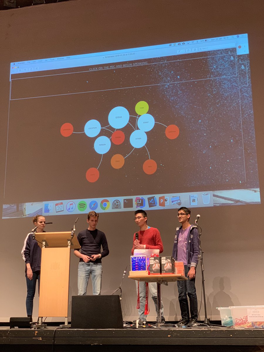 MLHacks's tweet photo. Team Out of the Vox used @googlecloud speech-to-text API, natural languages API and D3.js to build a mind mapping tool using speech as a natural input medium #hack4D https://t.co/IcgVzOKzDT
