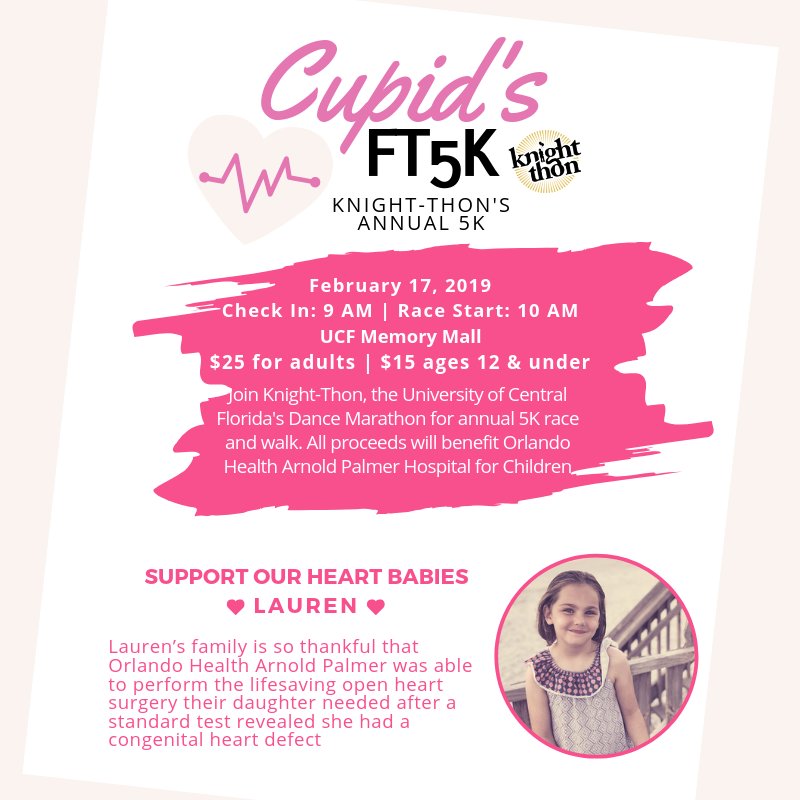 KnightThonUCF's tweet photo. Walk, run or skip on over to Knight-Thon's 7th Annual FT5K on February 17th. All ages are welcome and encouraged to participate! Come out and support our Heart Babies, like Lauren! #FT5K
Register Here: https://t.co/6yjGy6GzvH https://t.co/9VKFdCrTNZ