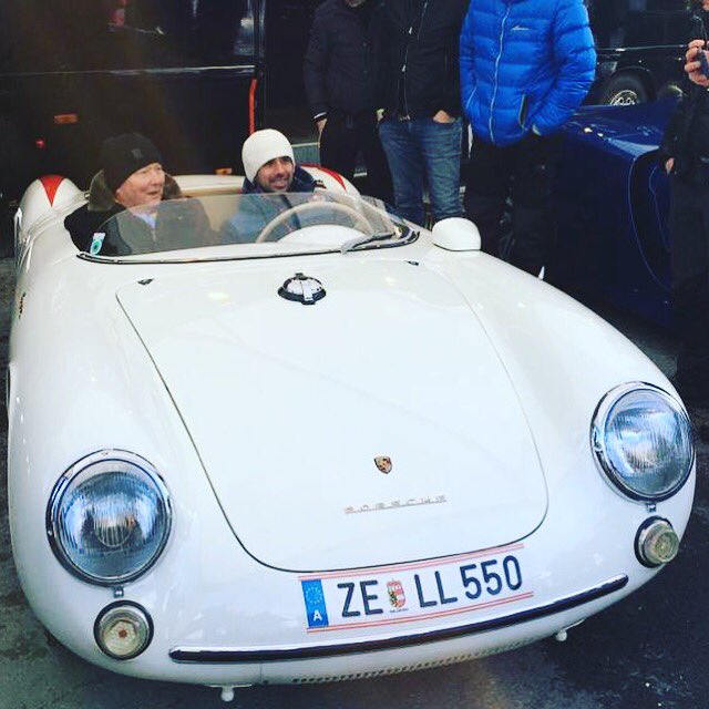 Taking the boss Dr. Wolfgang Porsche in his 550 Spyder for a lap on the ice track <a href="/gpicerace/">gpicerace</a> ! They told me the car costs “only” about 3.5M €😱🙉❄ No pressure. Was still big fun and an honor🏁🙌🏻! <a href="/PorscheNewsroom/">Porsche Newsroom</a> #550spyder #porsche