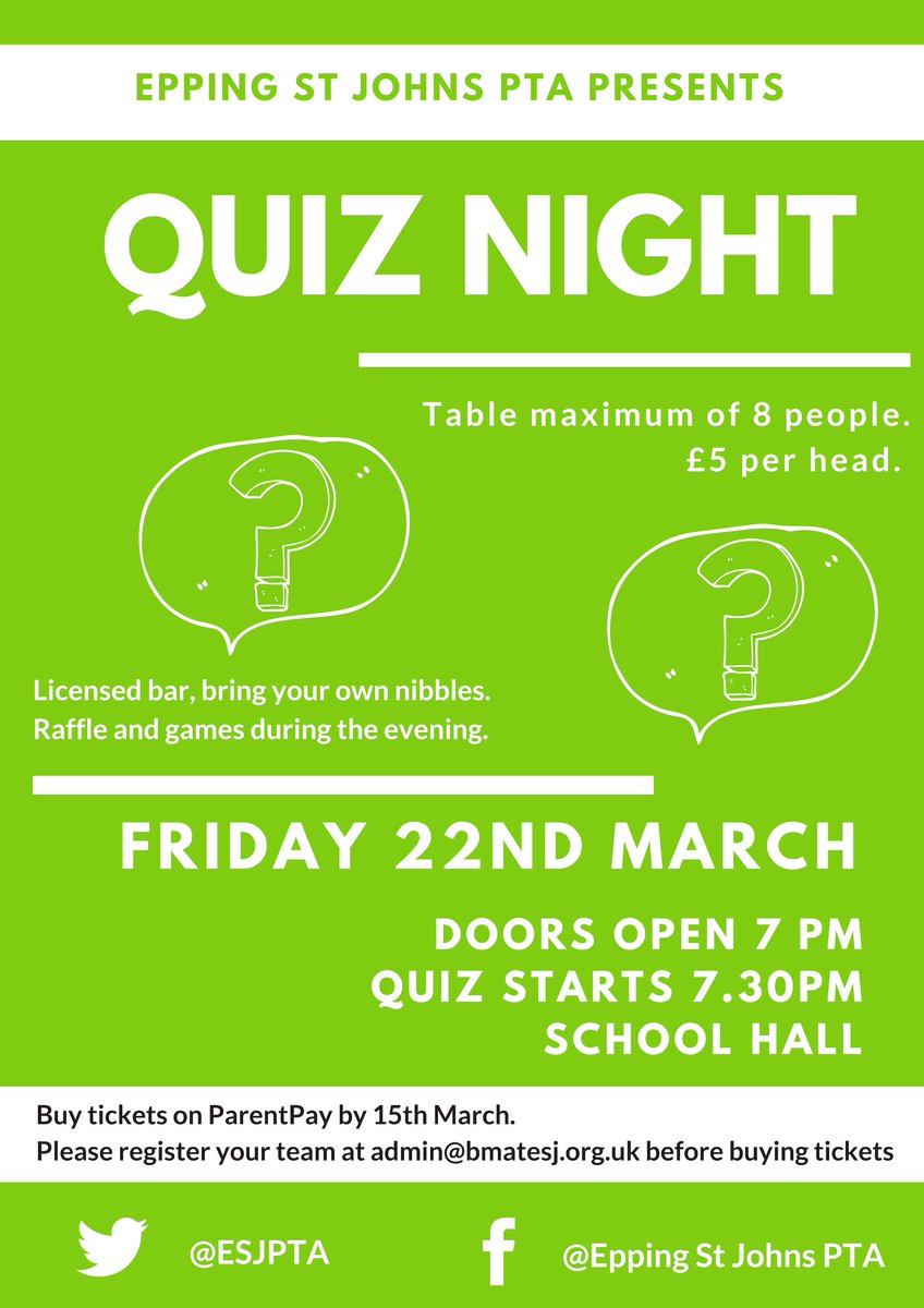 Test your trivia and join us for a fun quiz night raising funds for our fab school!  Friday March 22nd, 7pm for a 7.30pm start. £5 a ticket, maximum teams of 8.  See poster for full details...
#epping #quiznight #schoolquiz