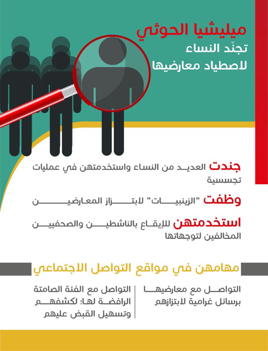 #انفوجرافيك.. ميليشيا الحوثي تجند النساء لاصطياد معارضيها
#معاً_من_أجل_إنقاذ_اليمن