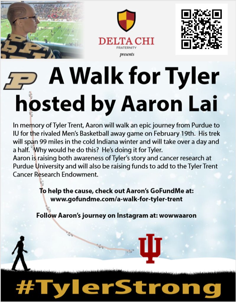 I'm walking 100 miles from Purdue to IU for the basketball game on Feb 17 in honor of <a href="/theTylerTrent/">Tyler Trent Foundation</a>. All proceeds go to the Tyler Trent Cancer Research Endowment, and will be matched by the Walter Foundation. 
More info at: GoFundMe.com/a-walk-for-tyl…
#TylerStrong