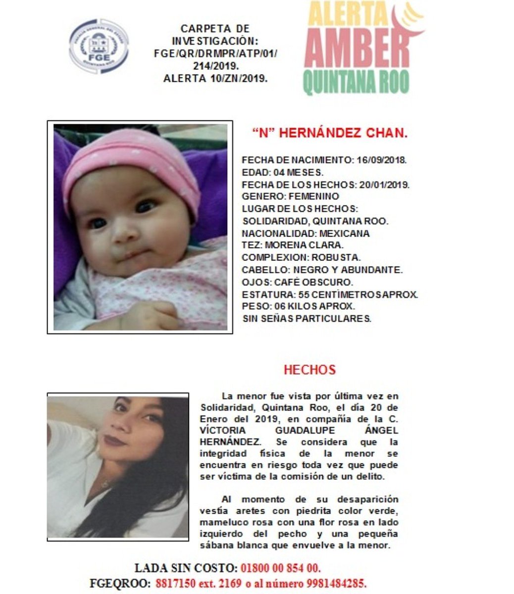 Se pide su amable apoyo para búsqueda y localización de la menor de apellidos HERNÁNDEZ CHAN, de 04 meses de nacida, quien desapareció en Solidaridad, Quintana Roo.
#ProtocoloAlba