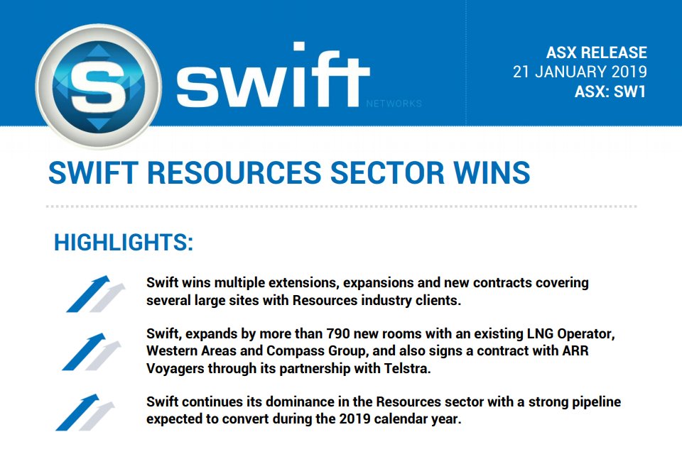 TimDohrmann's tweet image. Media business #SwiftNetworks (#ASX: $SW1) continues to deliver growth in diverse sectors, announcing multiple extensions, expansions and new contracts covering large sites with #resources industry clients.

📝: asx.com.au/asxpdf/2019012… 

#tech #telco #content #svod #entertainment