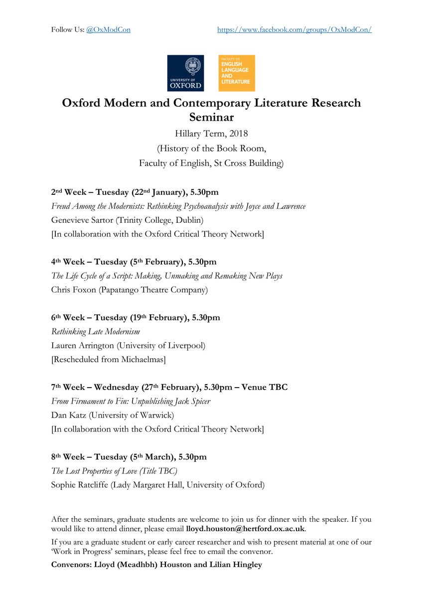 OxModCon's tweet image. The @OxModCon Term-Card is here!

Interested in #modernism and #psychoanalysis? #LateModernism? How #NewWriting makes it to the stage? Editing #QueerPoetry from 50s San Fran Cisco? Synthesising #LifeWriting, #CriticalTheory, and #Pedagogy?

Then there's only one seminar for you!