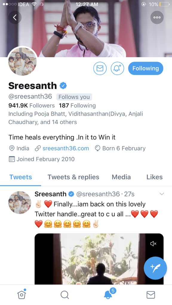 Bhuvneshwarisr1's tweet image. Guys finally @sreesanth36 is back on  Twitter. And first thing he does is follows me.😉😉😂. Welcome back on  twitter. #SreeFam #Sreesanth.