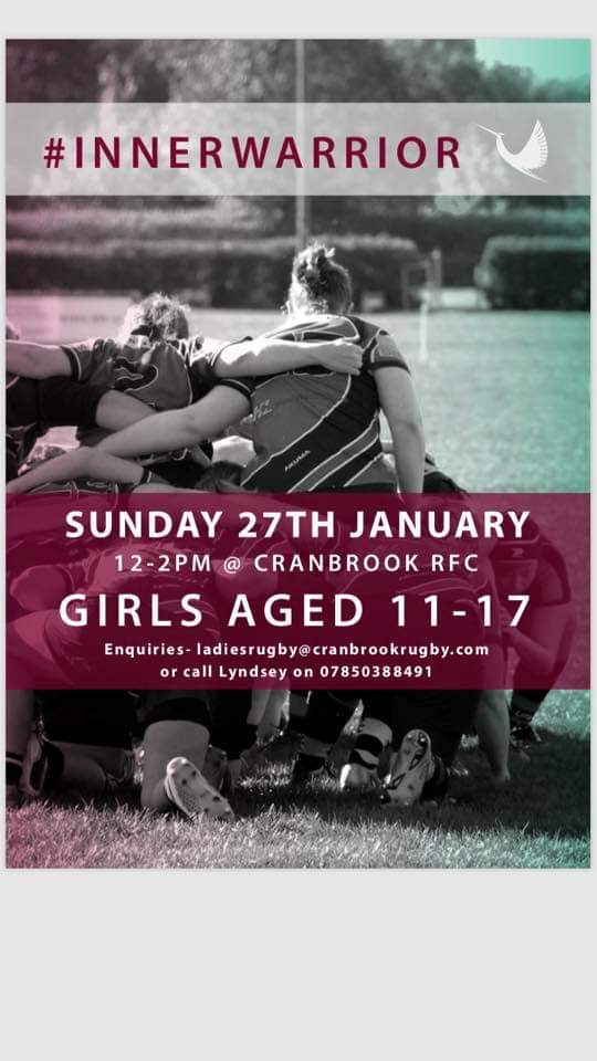 #innerwarrior Sunday 27th Jan. 12-2 for girls aged 11-17. Come and see what you have been missing. #rugby #cranbrook #girls <a href="/CranbrookSports/">CranbrookSportsClub</a>