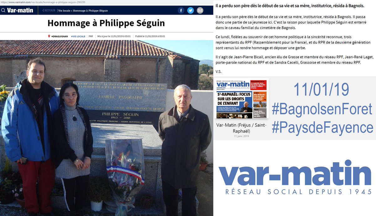 JEANRENELAGET's tweet photo. Lundi 07/01/19 l' #hommage (annuel) @RPF_officiel @rprofficiel &amp; @ReseauGaulliste a été rendu en mémoire de Philippe #Seguin sur sa tombe au Cimetière de #BagnolsenForet (#Var) #RPF #RPR #ReseauGaulliste - #Laget #Bicail #Cacelli @bicail -#Grasse #Grasse06 #AlpesMaritimes #France https://t.co/LqCZ3IIKDD