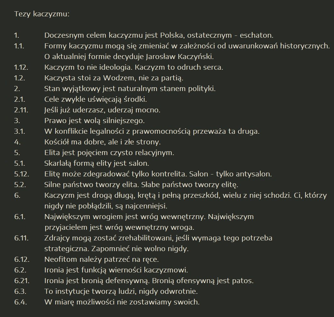 JanZelig's tweet image. A czym jest sam kaczyzm? Po wielu latach udało nam się z @AWodeham dojść do samej esencji kaczyzmu, którą prezentujemy tu w formie 22 uporządkowanych w sposób logiczny tez.