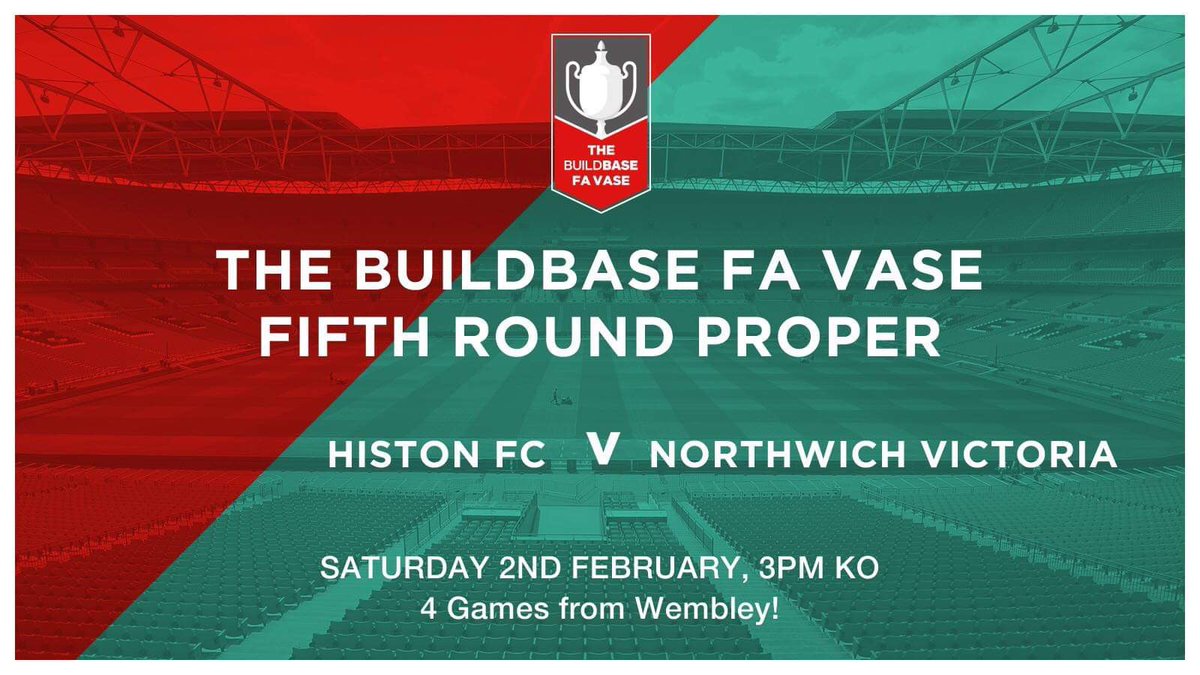 HistonFC's tweet image. On 2nd Feb we welcome @NorthwichVicsFC to the Glassworld in the #BuildbaseFAVase last 16.

Let us know if you’re coming here ➡️ facebook.com/events/6645548…