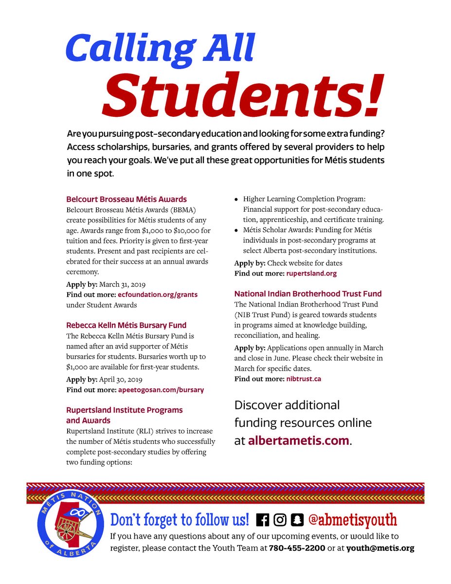 As a student, securing funding for post-secondary education can be difficult, but help is available. Métis students have access to scholarships, bursaries, and grants. Details on the poster below! Tag a student in need! #abmetisproud #metiseducation #abstudents
