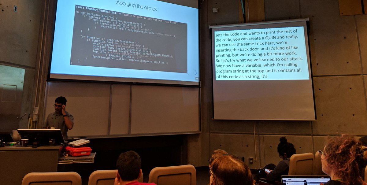 Do you trust your programming tools? Maybe you shouldn't…

In “Ghost in the Compiler” <a href="/ManishEarth/">Manish</a> introduces bootstrapping compilers &amp; showcases the “Trusting Trust” attack by backdooring the <a href="/rustlang/">Rust Language</a> compiler! 🚪💣

📖 In a blogpost form: manishearth.github.io/blog/2016/12/0…
#starcon