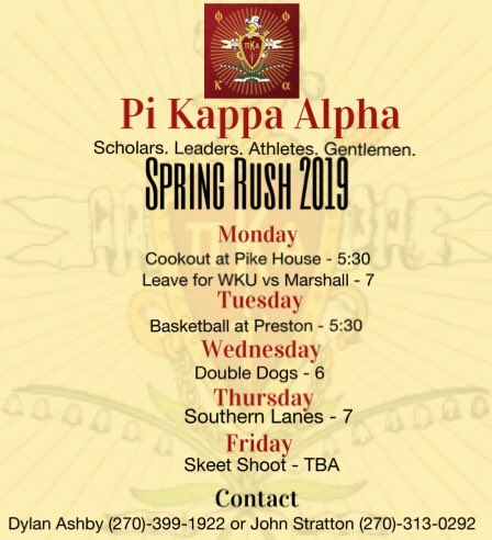 WKUPikes's tweet photo. Interested in rushing this Spring? If so, come meet our brothers at our pre-rush events. Find out why they chose to rush Pike! https://t.co/jL11CoXiLY