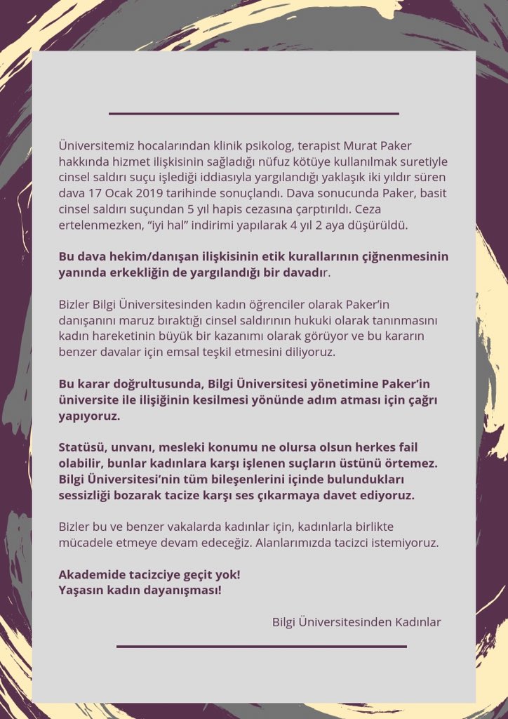 kulliktsvetok's tweet image. Bilgi Üniversitesinden kadınlar olarak sessizliği bozuyoruz! Üniversitemiz hocalarından Murat Paker hakkındaki açıklamayı paylaşıyoruz. 
#TacizeKarşıSesÇıkar