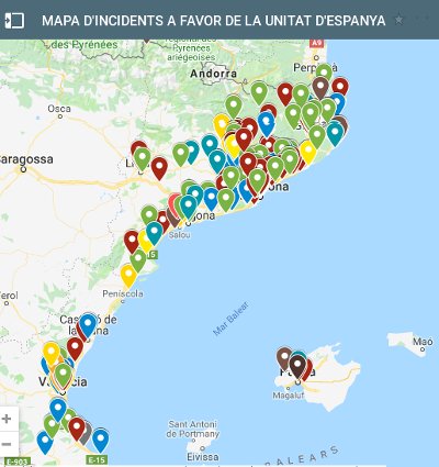 denterd's tweet photo. Geolocation of incidents(*) caused by Spanish nationalists since Sept'17:
☞548 incidents (235 in 2018)
☞152 municipalities
(*)Threats, insults, vandalism, physical/verbal assault, throwing objects, pellet-shooting.. against #Catalonia pro-indy activists:
https://t.co/bOsHCcMUKf https://t.co/Mf7d2z4Ea1