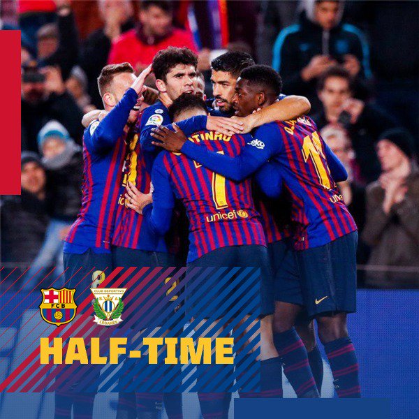 HT Aaaand the ref blows the whistle at the end of 4️⃣5️⃣, with Barça up one!
⚽️ LIVE: Barça 1 - 0 Leganés (⚽️ @Dembouz 33')
🔵🔴 #ForçaBarça! #BarçaLeganés