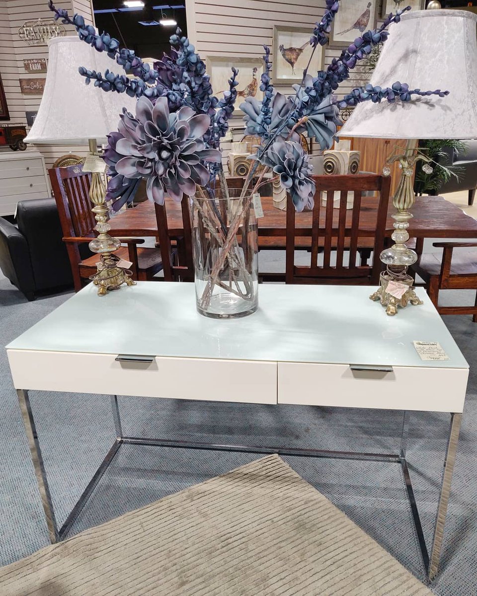 Create a clean peaceful work-space in  home office area with this white desk and chair set! Take advantage of the 2 drawers to help keep you organized!

14754-4 White Office Chair On Castors. Our price $195

14333-74 White Desk With Glass Top/2 Drawers/Chrome Base. Our price $295