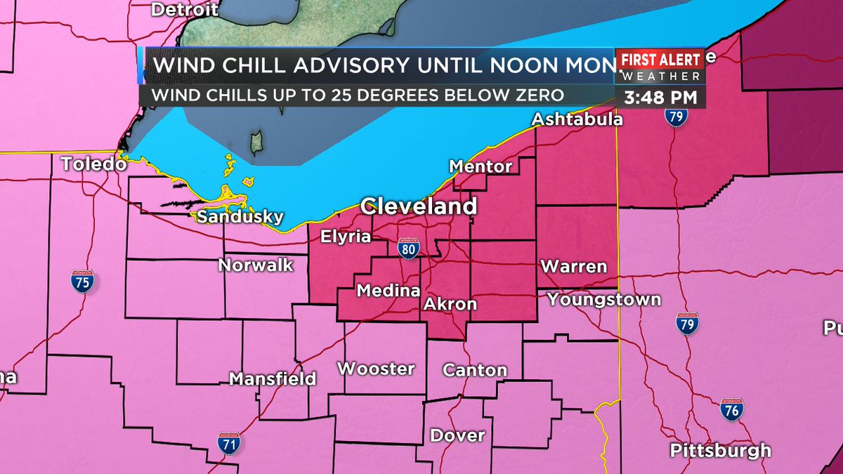 LoufmanWeather's tweet photo. A Winter Storm Warning for Northeast Ohio until 4 A.M.  Up to 3 inches of additional snow, blustery winds, low visibility in blowing snow.  A Wind Chill Advisory until noon Monday for wind chills making exposed skin feel as cold as 25 degrees below zero. https://t.co/pi6Klu5TEC