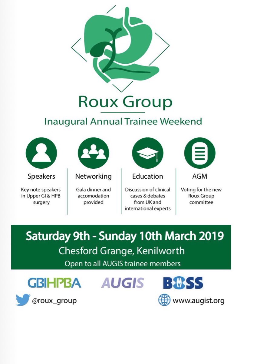 roux_group's tweet photo. @roux_group are delighted to announce the Inaugural Roux Trainee weekend. THE event for all #UGI trainees- Clinical updates, debates, fellowships and much more! Mark your diaries. Details to follow soon @Augishealth @bariatricBOMSS @GBIHPBAnews https://t.co/vQpqKINdoR