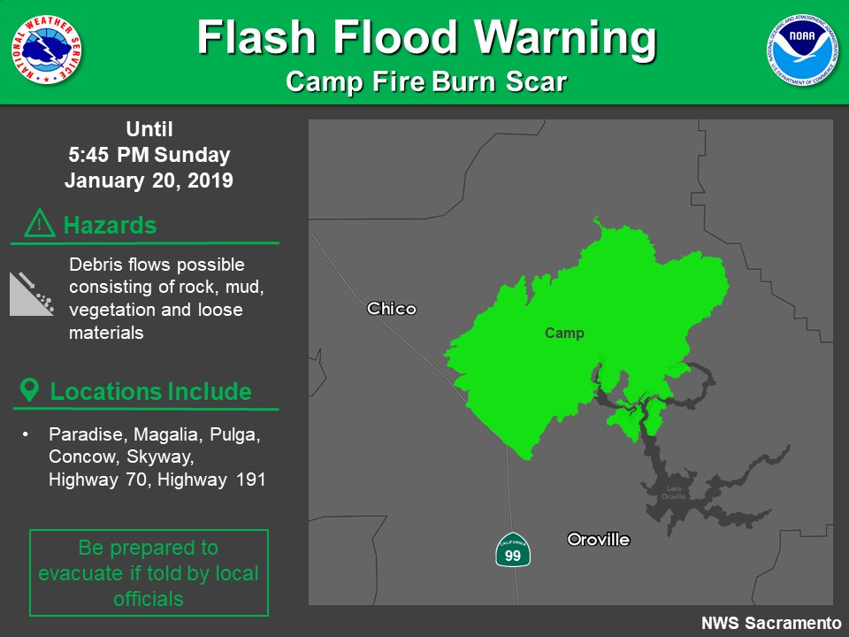 A Flash Flood Warning is in effect for the #CampFire burn scar until 5:45pm. Thunderstorms with heavy rain are moving over the burn area. Flooding &amp; ash and debris flows are possible. Take action if in this area! #CAwx