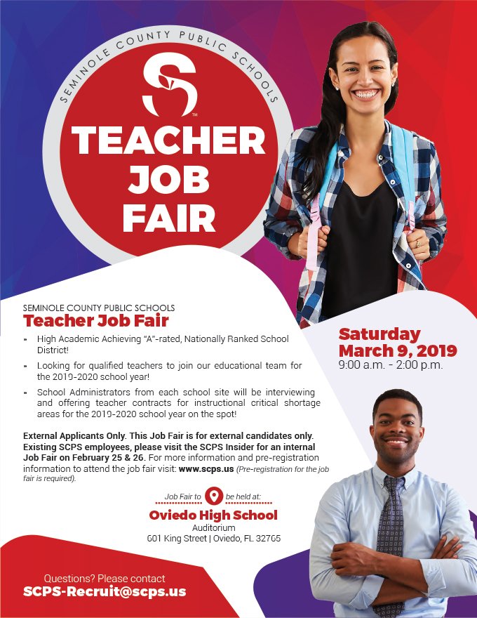 SCPSInfo's tweet photo. We're looking for High-Quality Teachers to join our "A"-rated district! Sign-up today to take part in our SCPS Teacher Job Fair taking place on Sat. 3/9 from 9am-2pm @oviedohigh! To register, visit: https://t.co/LITePa0Bqa https://t.co/rNUJaz5gPP