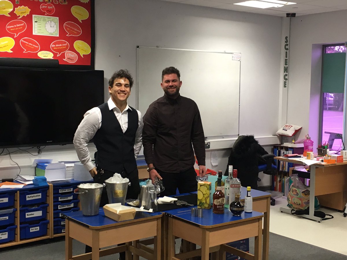 JennyArnot's tweet photo. Mike and Kieron from @theLOUNGERS set up for their cocktail session with the teachers @bewseylodge such a fun day! Thanks for having us! https://t.co/GzRfDmrSzm