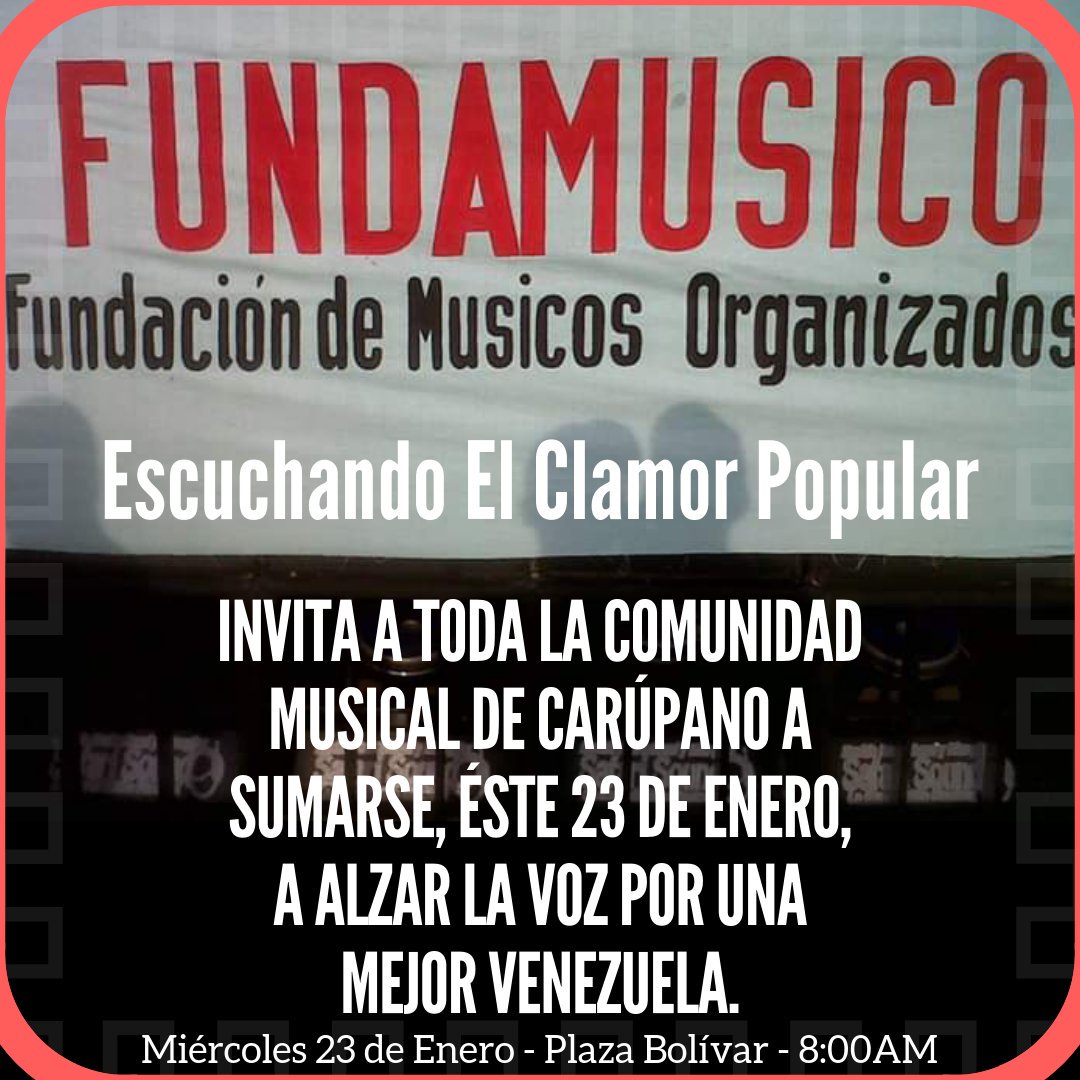 FUNDAMUSICO's tweet image. Invitamos a todos los músicos de Carúpano a unirse a la mejor causa que podemos tener todos... Un Mejor País. Nos vemos el Miércoles en la Plaza Bolívar a las 8:00am. La lucha de uno es la lucha de todos. #FundaMusico #Carupano #Sucre #Venezuela