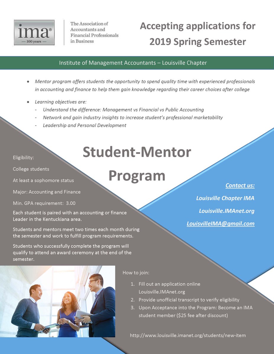 Last call to participate in Louisville Chapter IMA's student-mentor program! Mentees are required to be college students in Louisville KY area, accounting or finance major, at least sophomore status, and minimum 3.0 GPA. Signup by 1/25/19 @ louisville.imanet.org/students/new-i…