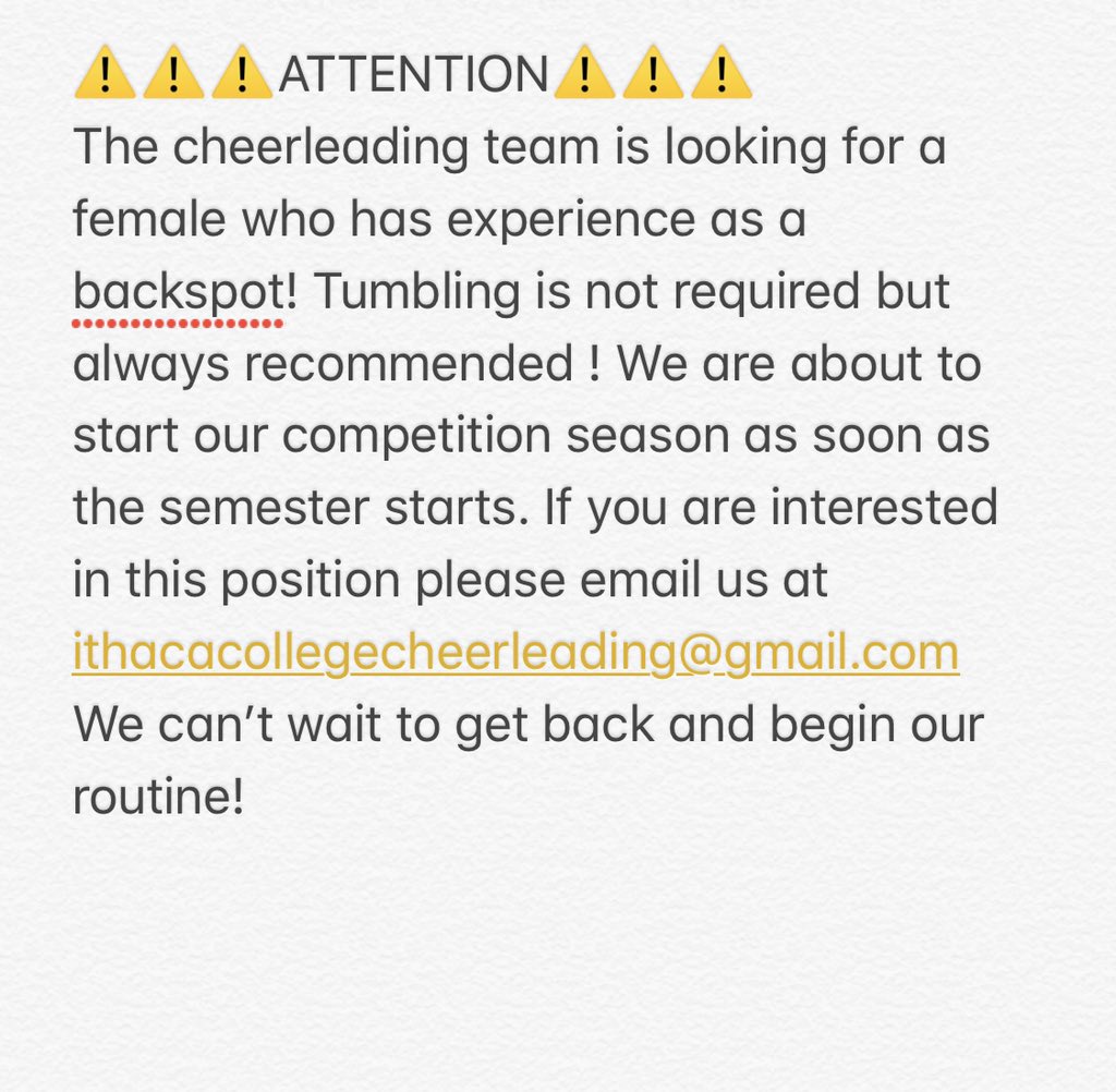 ICCheerleading's tweet photo. Student at IC? Experience in being a backspot? Miss the feeling of being out on the mat? Our team has a spot open and we want to fill it for our competition season! Reach out to us if you are interested! https://t.co/e4wqGUjmRK