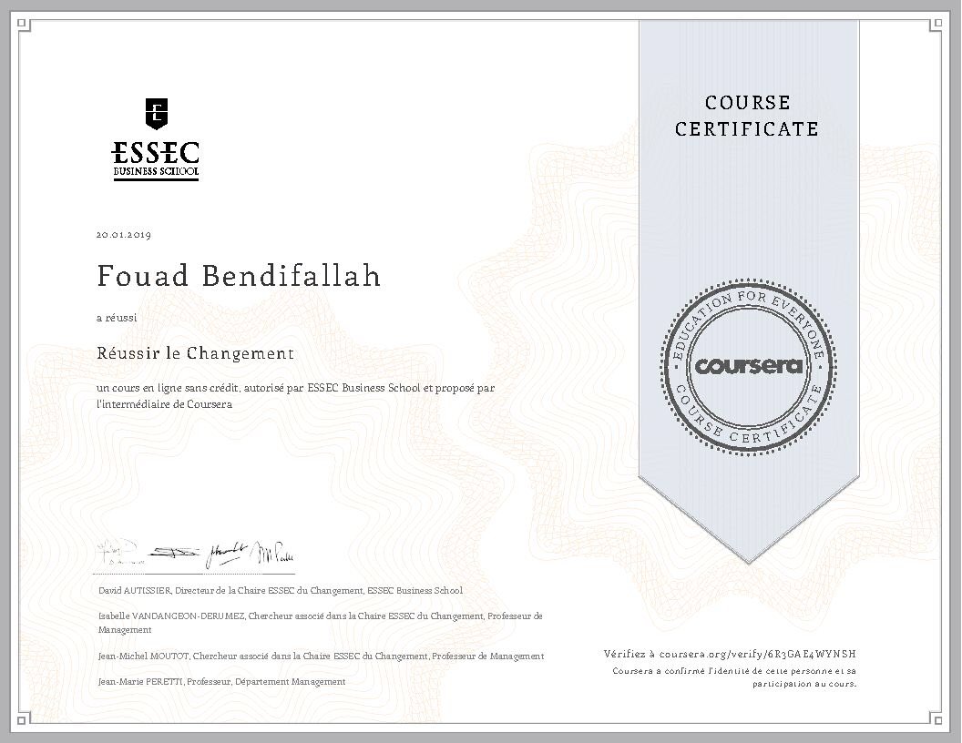 Cours Réussir le changement. Certified By ESSEC Business School