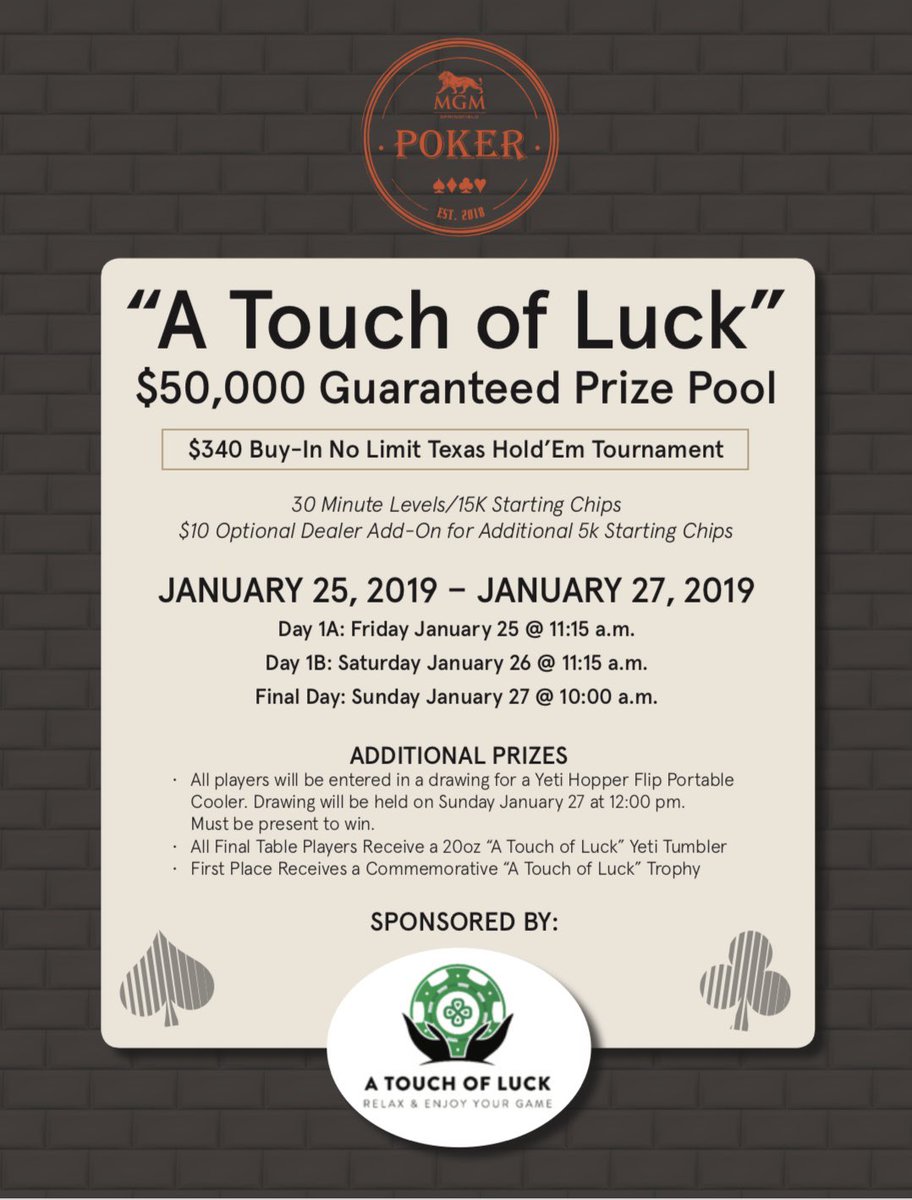 MGMSPoker's tweet photo. 💸$50,000 Guarantee💸 NLH Tournament sponsored by @atouchofluck begins this Friday! Who’s feeling lucky?? https://t.co/p5SkkoUdu9