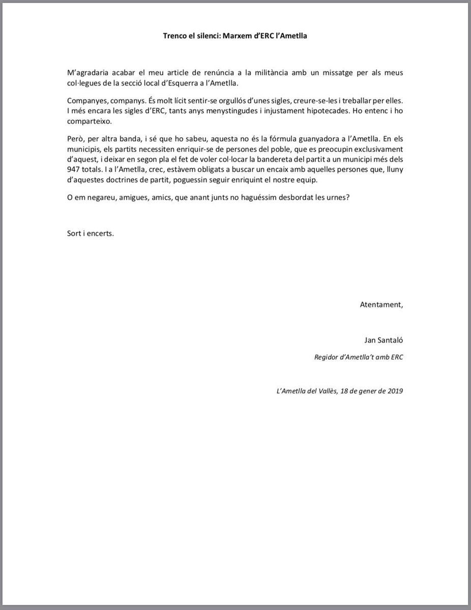 “Trenco el silenci: Marxem d’ERC l’Ametlla”. Carta sencera de renúncia a la militància.