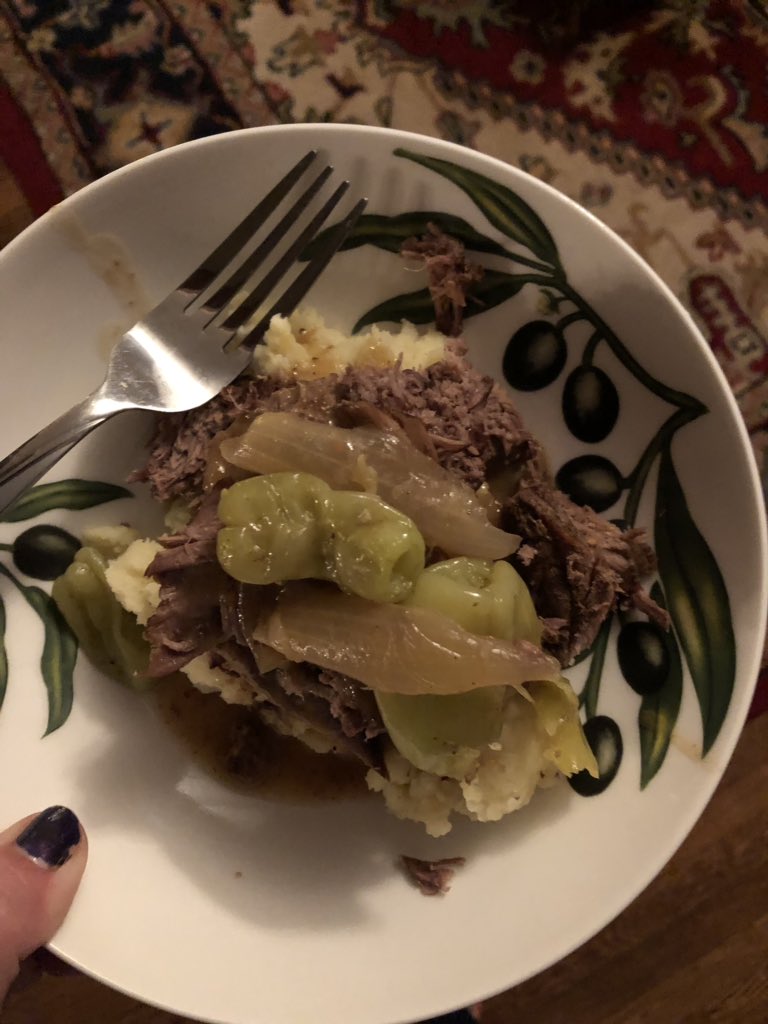 ivanesta's tweet photo. @TheKitchenista i didn’t get a good picture sadly but a version of the mississippi pot roast popular online- used my own spice mix instead of the packets the recipe calls for. over some buttery yellow potato mash. https://t.co/OZl2A1LcIU
