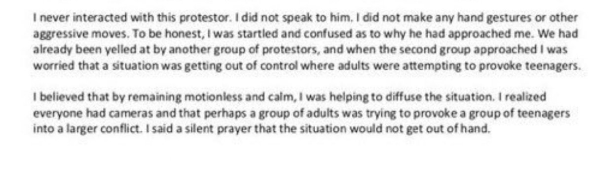 almostjingo's tweet photo. I believed that by remaining motionless and calm I was helping diffuse the situation. I realized everyone had cameras and that perhaps a group of adults was trying to provoke teenagers. #TeamCovington #IStandWithCovingtonCatholic https://t.co/TNChhW16He