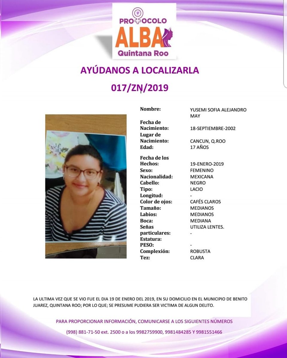 Se solicita el apoyo de la ciudadanía para la difusión y localización de la menor de edad.
#ProtocoloAlba