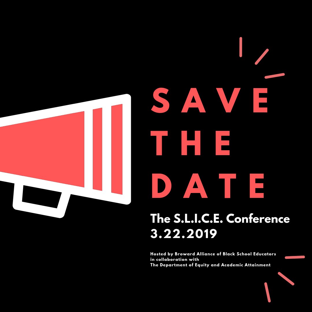 Broward-ABSE (@babsebroward) on Twitter photo SAVE the DATE <a href="/BABSEBroward/">Broward-ABSE</a> S.L.I.C.E. Conference on March 22, 2019 <a href="/TechDillard/">Dillard Tech</a> <a href="/dillardpanthers/">DIllard High School</a>
@NabsePresident <a href="/NABSE_org/">NABSE_org</a> @BCPSChiefOSPA @RobertwRuncie @gaabse1618 <a href="/TABSE_Texas/">TABSE_Texas</a> <a href="/DrNicoleNearor/">Dr. Nicole Nearor</a> @tonyalwallace
#SLICE2019 #BeThere SAVE the DATE <a href="/BABSEBroward/">Broward-ABSE</a> S.L.I.C.E. Conference on March 22, 2019 <a href="/TechDillard/">Dillard Tech</a> <a href="/dillardpanthers/">DIllard High School</a>
@NabsePresident <a href="/NABSE_org/">NABSE_org</a> @BCPSChiefOSPA @RobertwRuncie @gaabse1618 <a href="/TABSE_Texas/">TABSE_Texas</a> <a href="/DrNicoleNearor/">Dr. Nicole Nearor</a> @tonyalwallace
#SLICE2019 #BeThere