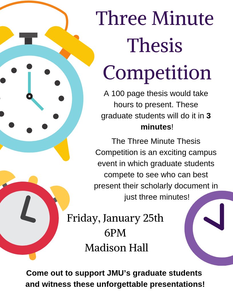 JMUGSA's tweet image. JMU's 2nd Annual 3MT Competition is a celebration of graduate students as they present their research with one slide, in just three minutes! We can't wait to learn about the great research JMU graduate students are conducting!