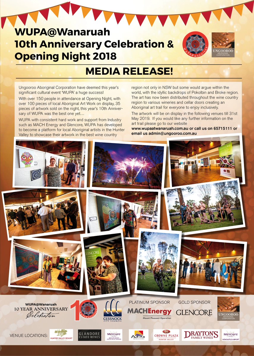 Ungooroo Aboriginal Corporation have deemed this year's significant cultural event 'WUPA' a huge success! 🤩
If you would like any further information on the art trail please go to our website - wupaartwanaruah.com.au / ungooroo.com.au or call us on 6571 5111