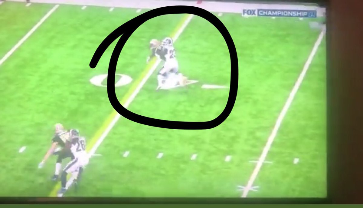 JoeHornsPhone's tweet photo. Since Rams fans are trying to make a thread of missed calls...
A) helmet to helmet...knocks Hill out of game
B) Look where the pass is...Brees gets launched after this frame
C) Holding on Apple...kept drive alive
D) Pass interference on huge 3rd down...oh and its Robey-Coleman https://t.co/6LR6Kf5w9K