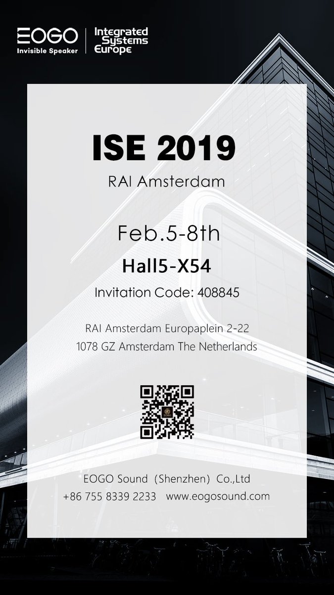 Come to see EOGO Invisible Speaker at ISE 2019. ISE is the world’s largest AV systems integration show, takes place at the RAI Amsterdam, the Netherlands, from February 5th to 8th, 2019. EOGO will be attending with a booth setup at Hall5-X54. Make sure to come to experience. #ISE