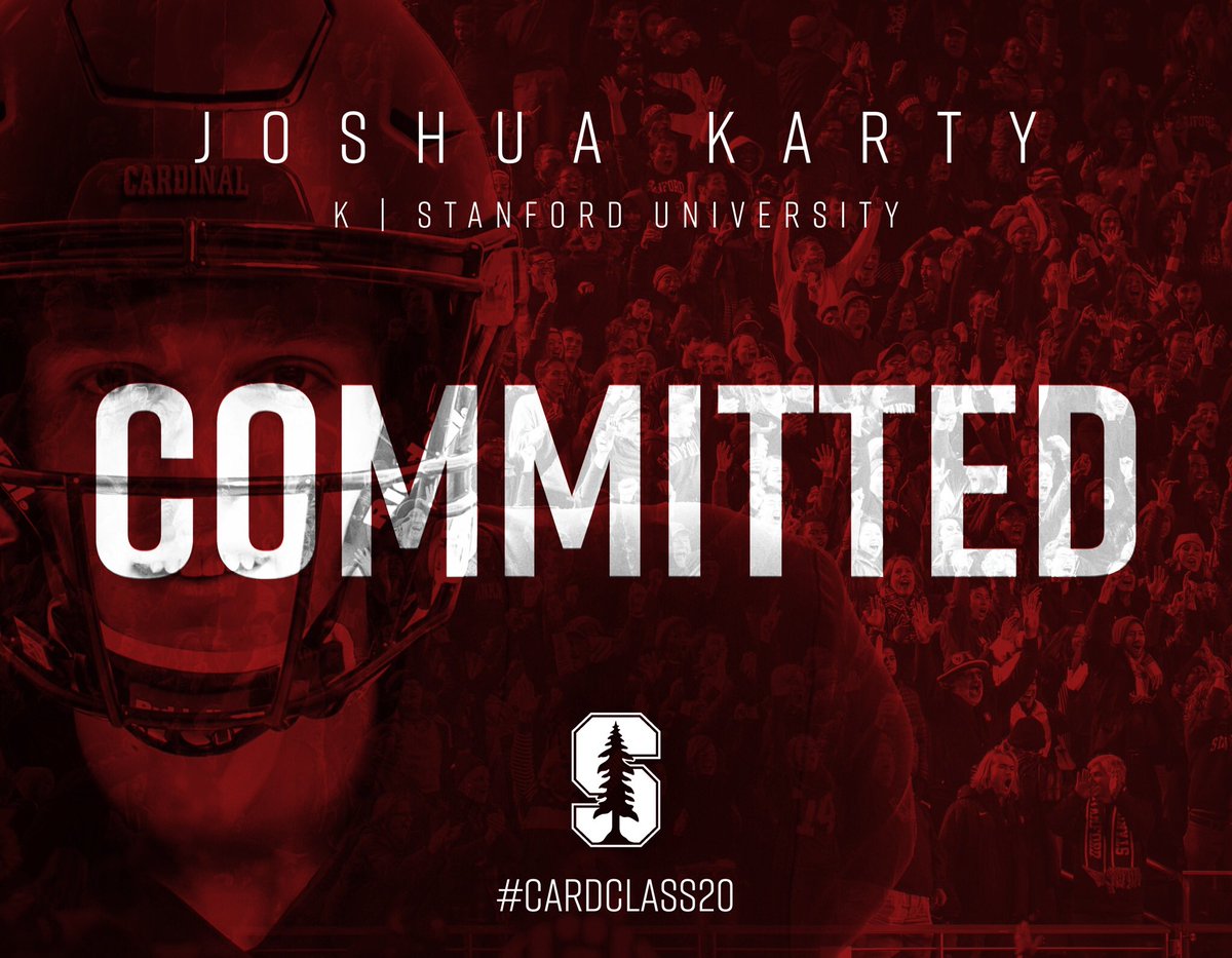 JoshuaKarty's tweet image. Extremely happy to announce my commitment to Stanford University!!! Thank you so much @PeteAlamar @CoachDavidShaw @maeubanks. #Committed #CardClass20 #GoStanford #FearTheTree @StanfordFball 🌲🌲