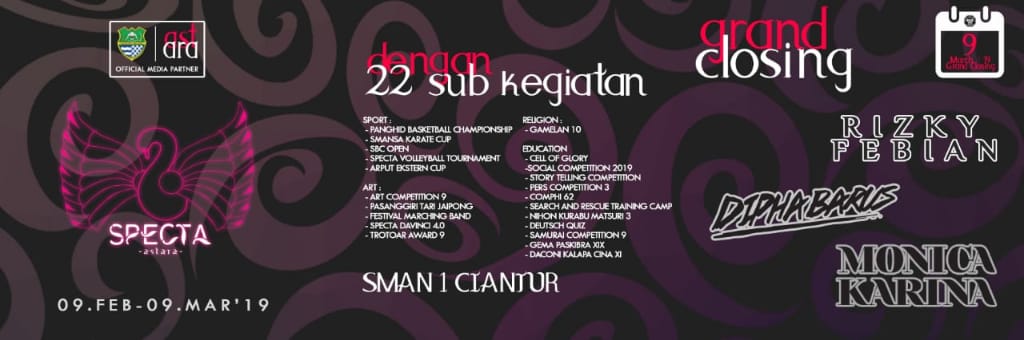 SMAN 1 Cianjur! SPECTA "SPort, rEligion, eduCaTion, and Art" 'ASTARA' 

22 mata lomba dalam 4 bidang :
- Sport 
- Religion 
- Education 
- Art 

9 Feb - 30 Mar 2019 
GrandClosing 9 Maret 2019
 
For more information ⬇️
Cp :085793705561
IG  :<a href="/oskasmansa/">OSKA SMAN 1 CICURUG</a>